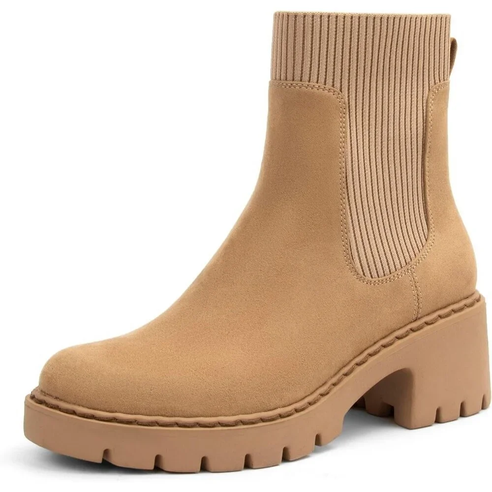 Women's Brown Platform Chelsea Boots Lug Sole Chunky Heel Zipper Slip On